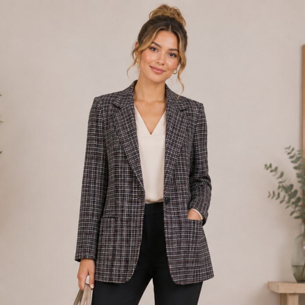 Sag Harbor Houndtooth Glen Plaid Wool Blend Blazer Womens Size 10 Preppy Vintage